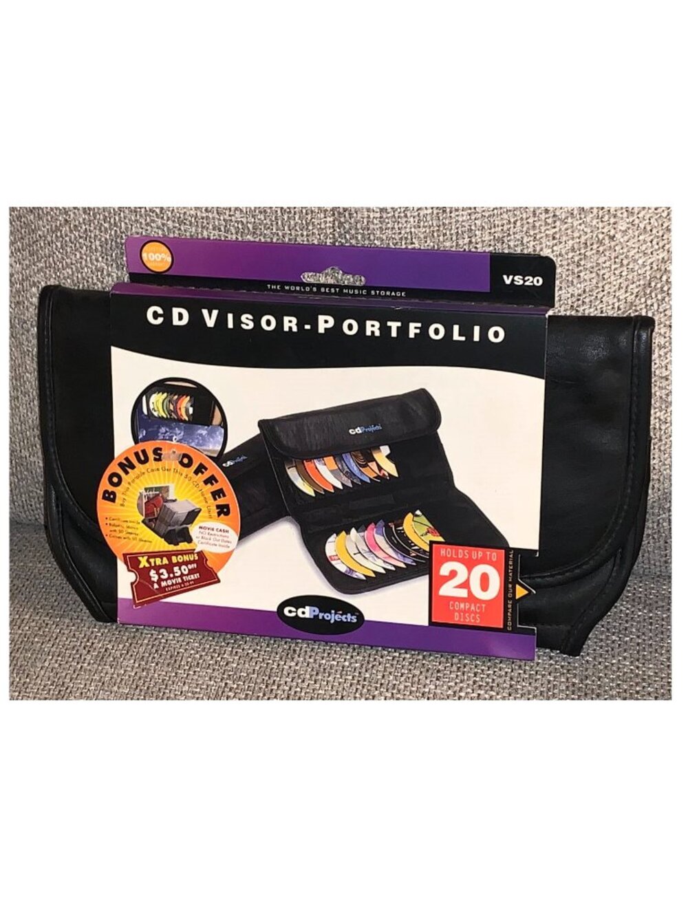 CD Projects Black Faux Leather Tri-Fold (Holds 20) CD Visor Wallet (1996) *NEW!*